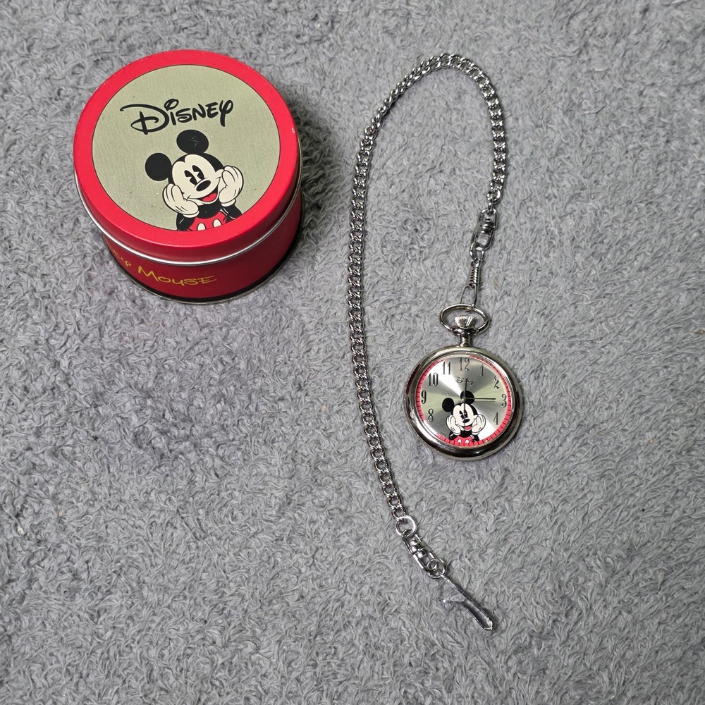 Disney Pocket Watch Silver Mickey Mouse Embossed Case with Chain Tin